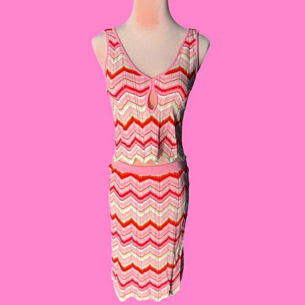 Torn by Ronny Kobo Pink Red Chevron Crochet 2-Piece Set Skirt Set. Medium. NWT!
